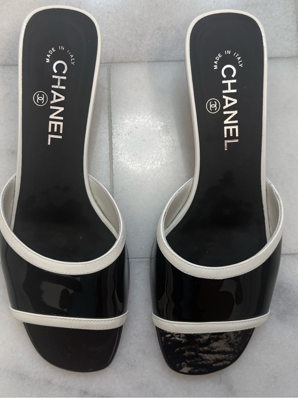 CHANEL Black and White Patent Slide Mules - 39
